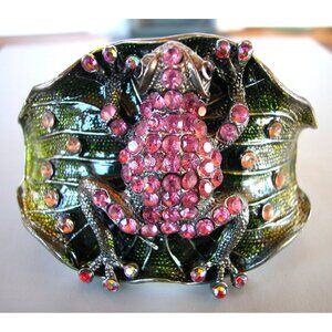 Vintage Frog Rhinestone Clamper Bracelet 2.5 across